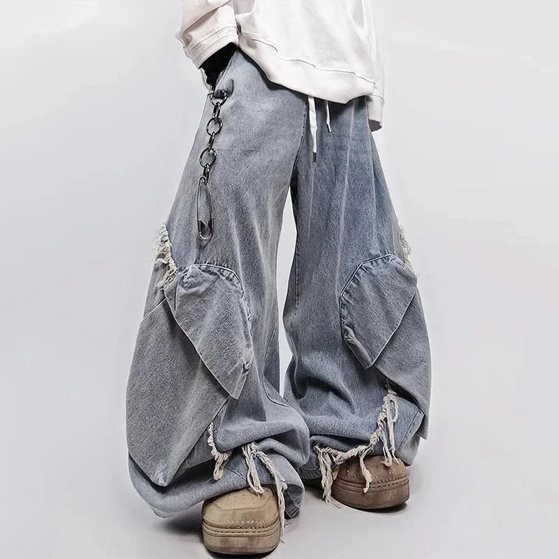 Men Distressed Wide Leg Denim Pants Baggy Streetwear Hip Hop Vintage Fashion Style 2026 Spring New Trousers DFER5