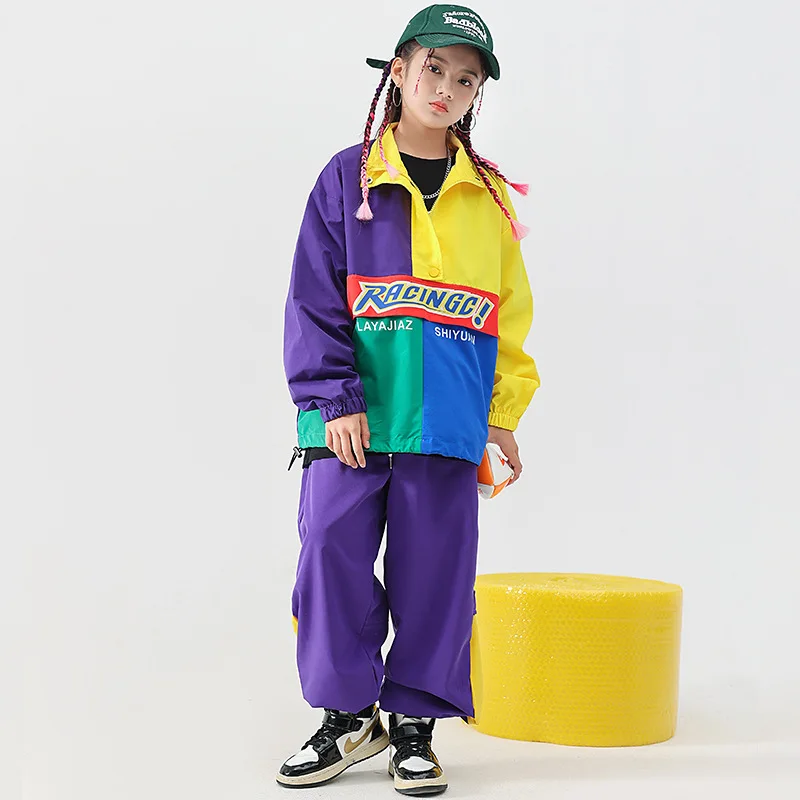 Kind Hip Hop Kleidung Set Farbblock Pullover Jacke Top Lila Straße Jogger Hosen für Mädchen Junge Jazz Dance Kostüm Kleidung