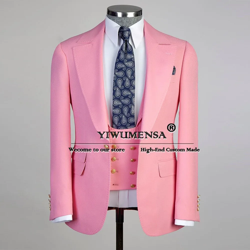 

Man Classic Pink Suits Single Breasted Jacket Vest Pants 3 Pieces Groom Wedding Tuxedo Business Dinner Prom Blazer Men's Dress