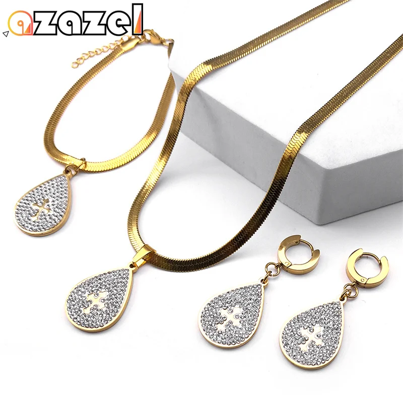 

Water Drop Cross Crystal Jewelry Set for Women Stainless Steel Gold Color Earring Necklaces Bracelet acier inoxydables bijoux