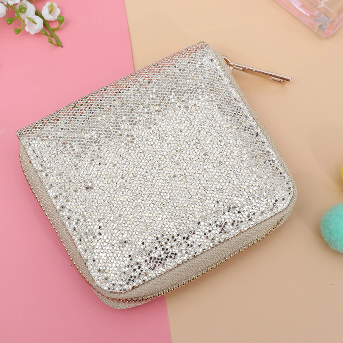 

Golden Glitter Coin Purse Zippered Minimalist Lightweight Small Wallet for Women Fashionable Thin Pouch for Coins Keys Lipstick