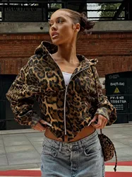 Hawthaw Women 2024 Spring Autumn Long Sleeve Zipper Leopard Hooded T Shirts Tops Hoodie Coat Wholesale Items For Business