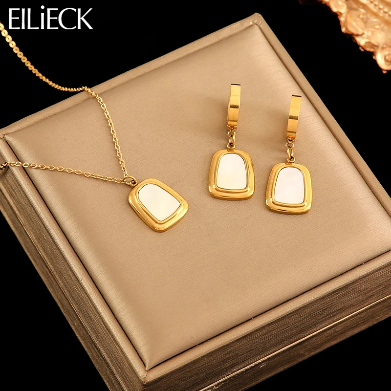 EILIECK 316L Stainless Steel Geometric White Necklace Earrings For Women New Party Gift Waterproof 18K Gold Plated Jewelry Set