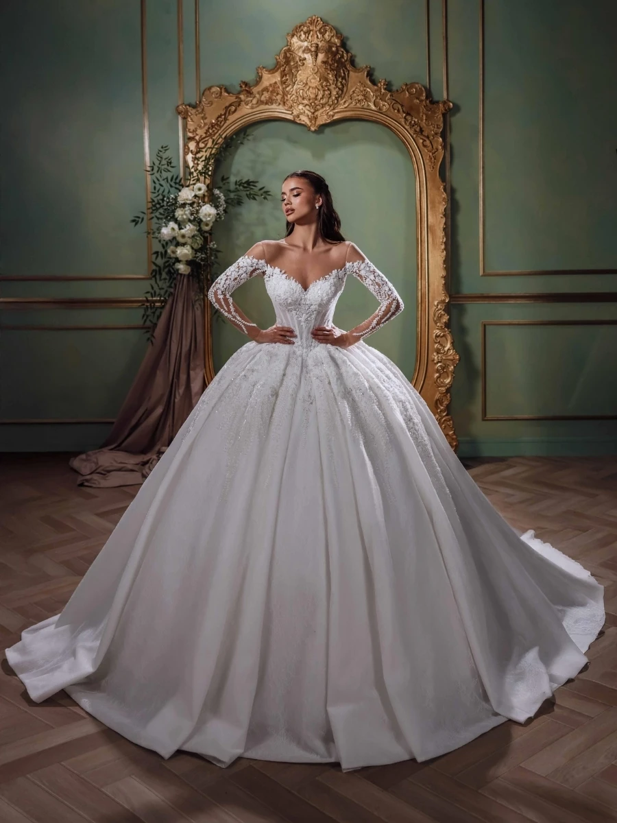 

Off Shoulder Long Sleeve Lace Wedding Dress Women 3D Floral Beaded Corset Ball Gown Luxury Tulle Bridal Gown Long Train Custom