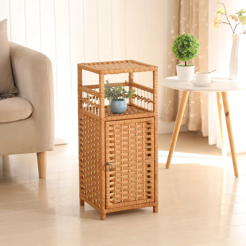 

Modern Rope Knit Nightstand Bedside Storage Cabinet Corner Shelf Rattan Storage Stand Creative Living Room Organizer