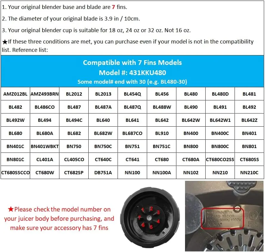 7 Fins Blade for Ninja Blender Auto iQ BL450-30 BL642-30 BL482-30 BL682-30 Bl456 with Silicone Rubber Gaskets Seal Ring Part