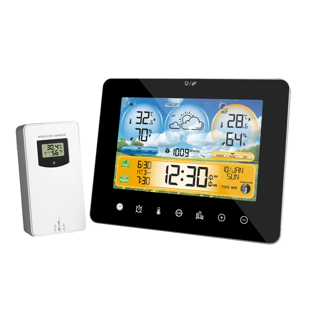 

Smart Weather Station Wall Alarm Clock Color Touch Screen Thermometer Hygrometer Sun Time Moon Phase Barometer Forecast Sensor