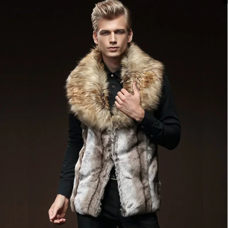 Free Shipping New fashion male Men's fur winter self-cultivation vest imitation rabbit fur hair large hair collar thickening