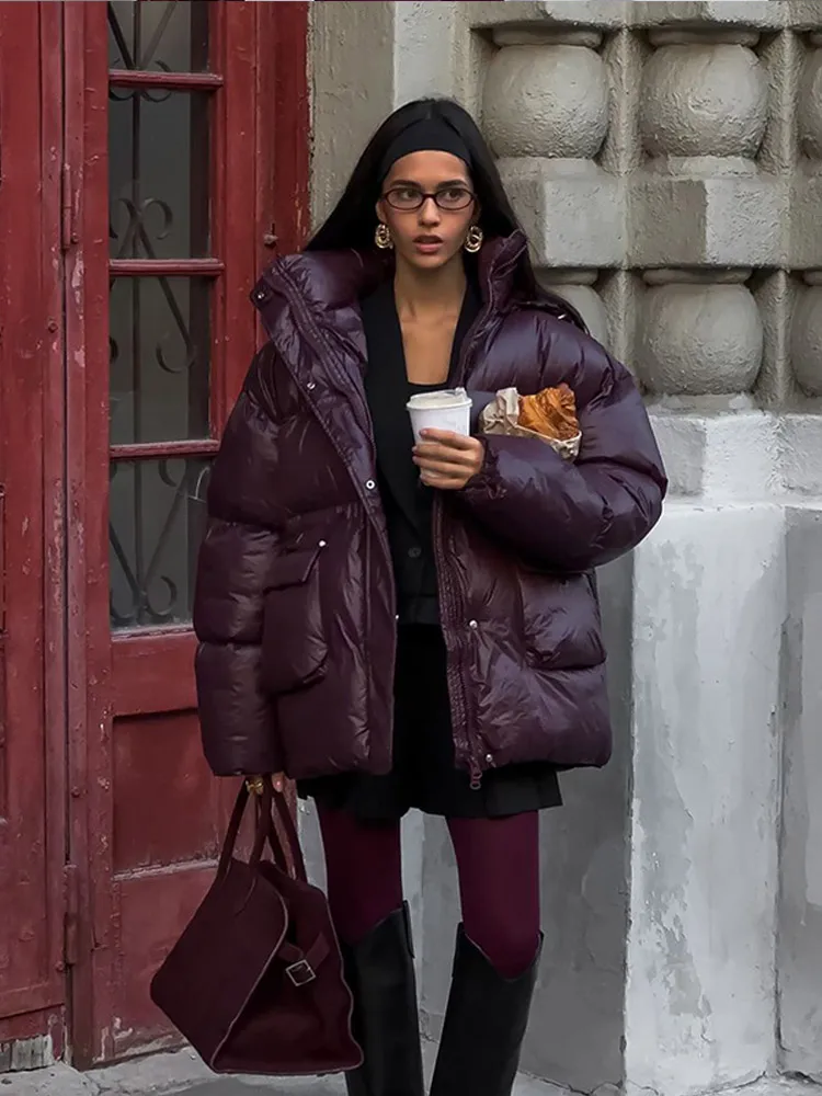 Chaqueta cálida de invierno Borgoña para mujer, abrigos de algodón con bolsillos y cordones y cuello levantado elegante, prendas de vestir