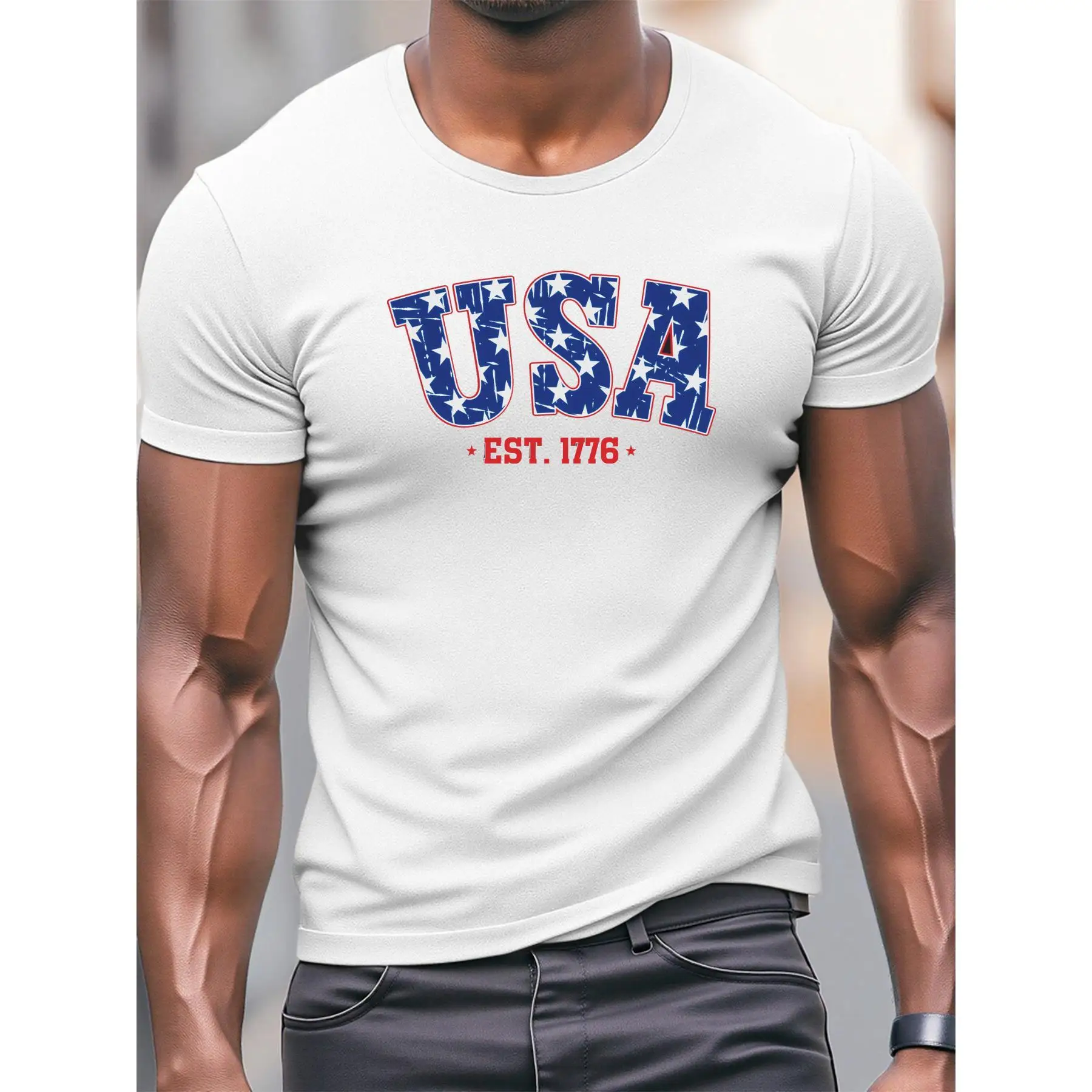 

USA Est. 1776 T-Shirt American Flag Print Tee Unisex Cotton Short Sleeve Top Patriotic Gift Independence Day Celebration