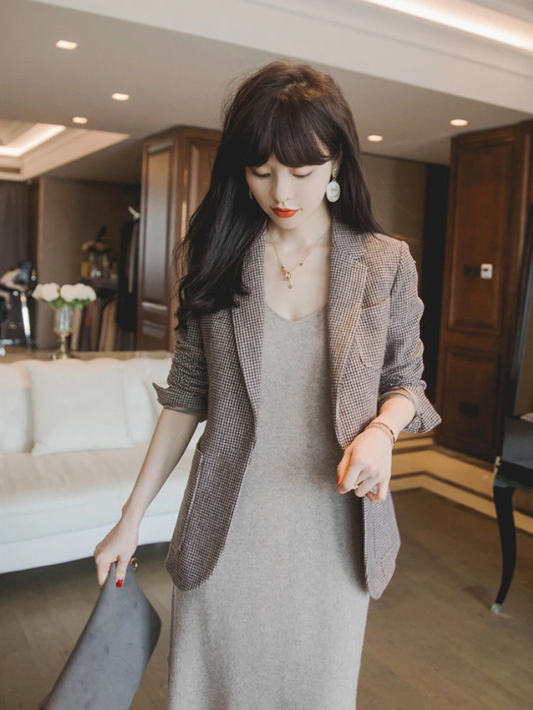 Classic Retro Plaid Blazer Ladies Work Office Long Sleeve Fashion Blazer Jacket Women Korean Version New Business Interview