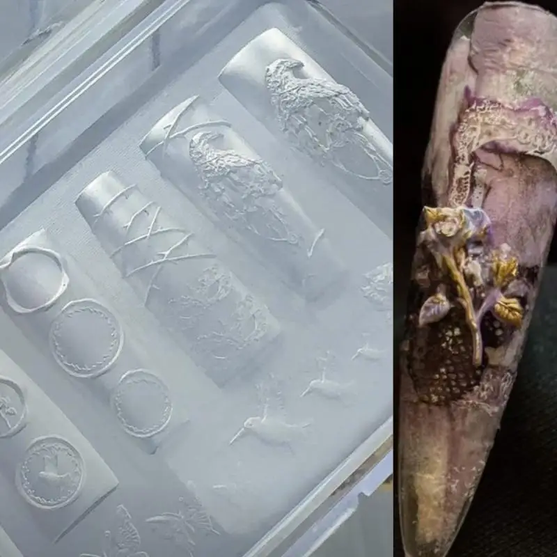 Molde de silicone para arte em unhas, retrô, corvo, rosa, borboleta, águia noturna, 3d, decoração de arte em unhas, design diy, molde transparente