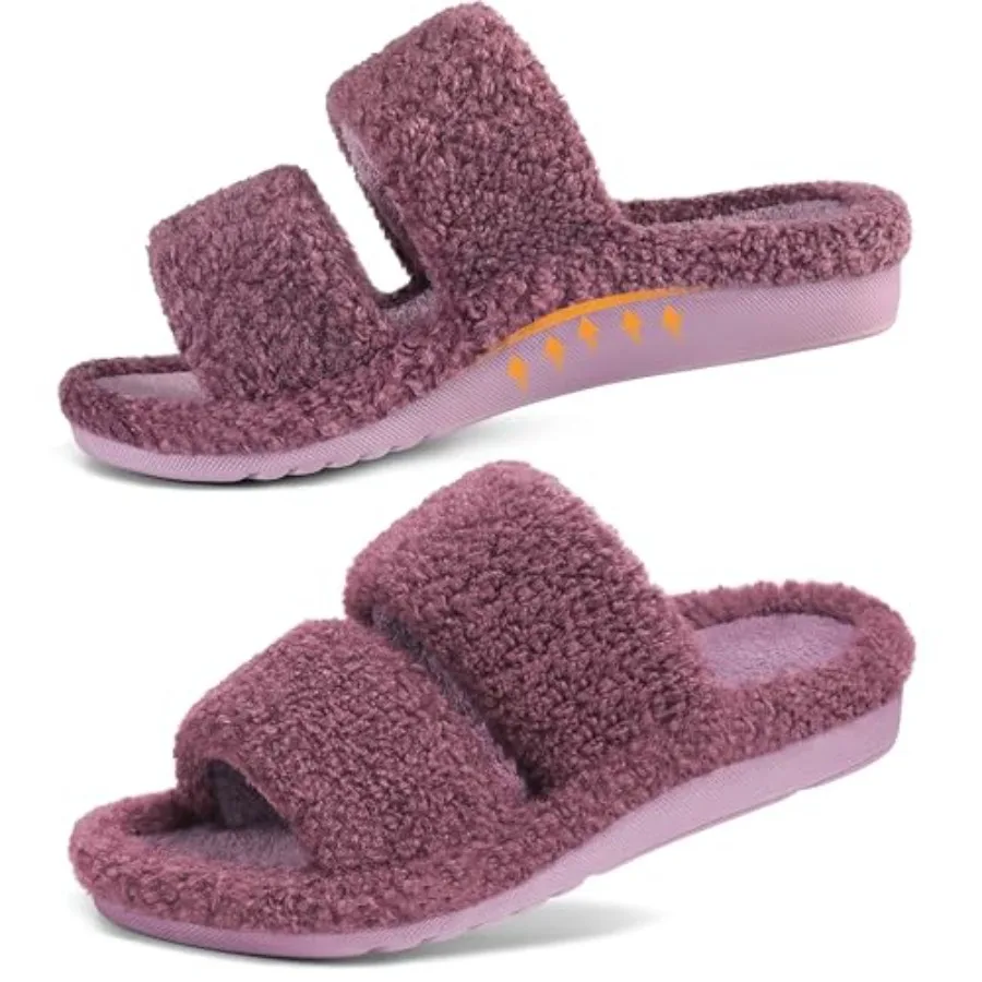 

Litfun Women's Fuzzy House Slippers with Moderate Arch Support Open Toe Cozy Bedroom Shoes Indoor