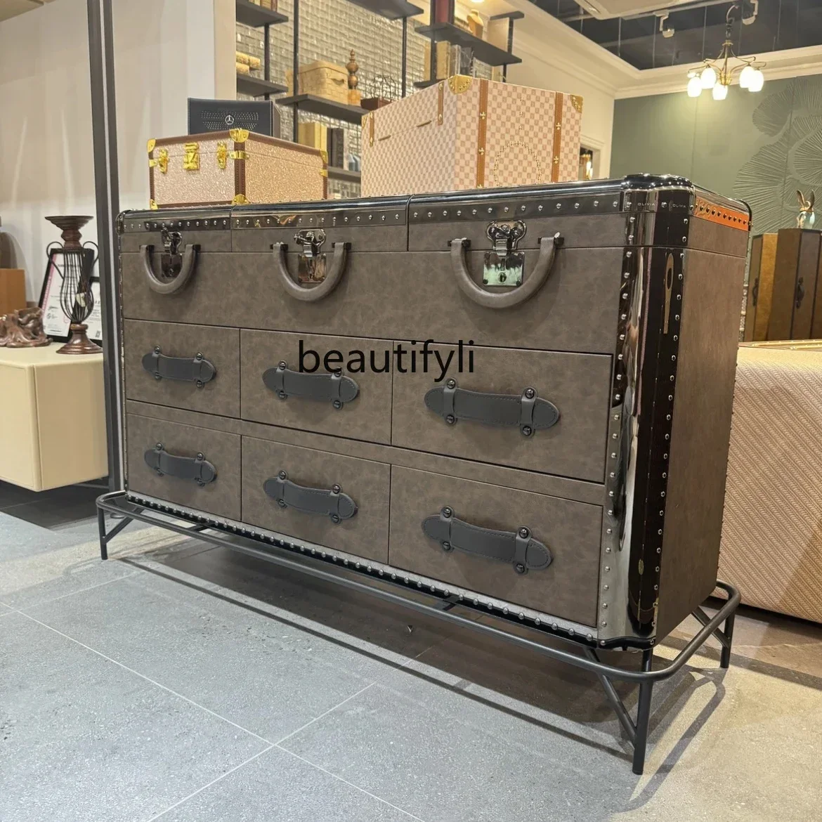 

J185 Medieval solid wood retro black color matching high-end locker TV cabinet side cabinet
