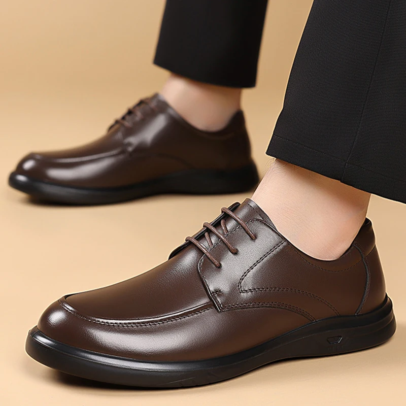 

Male Business Formal Wear Casual Shoe Men Breathable Lace Up Leather Shoes Black Soft Leather Soft Bottom Spring Best Man Homme