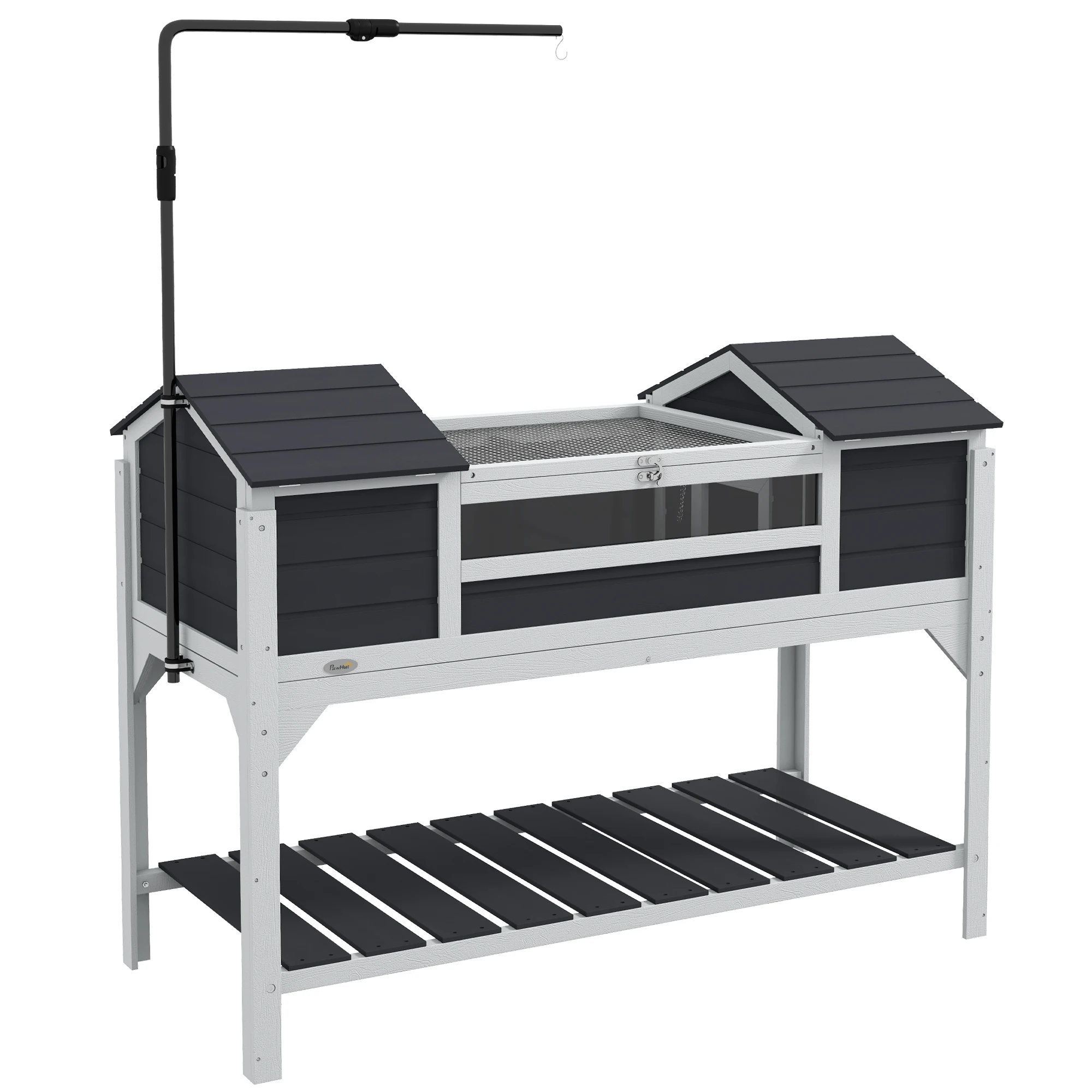 PawHut Maison tortue terrestre intérieur, enclos tortue en bois, 2 niches, support de lampe réglable, toit ouvrable, cage pour tortue de terre, fenêtre en acrylique transparent, gris