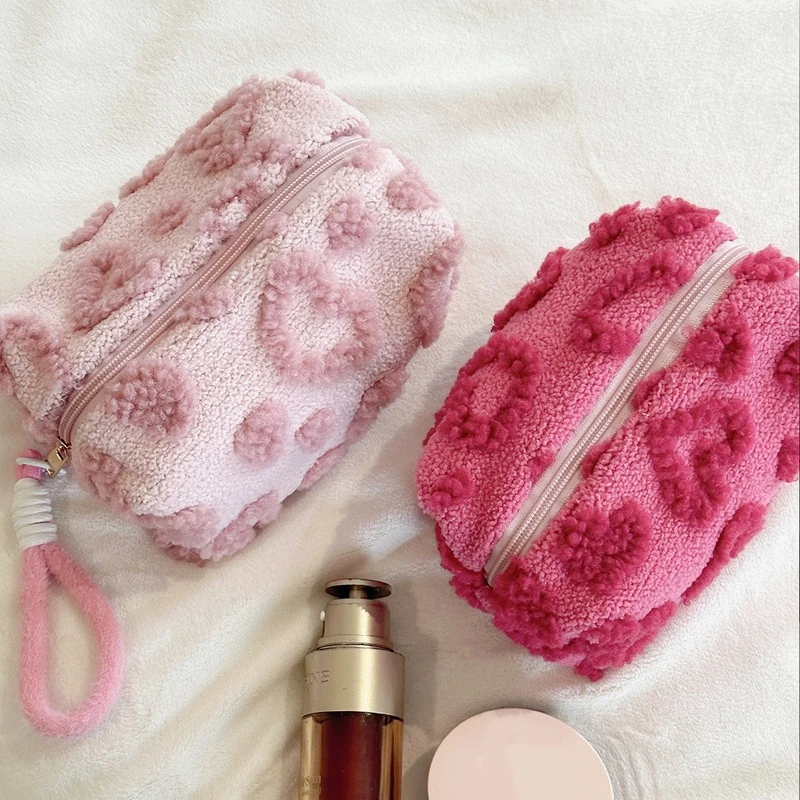 

Plush Makeup Bags with Handle Soft Travel Cosmetic Storage Bag Portable Love Print Organizer Pencil Case Cute Clutch Pouch