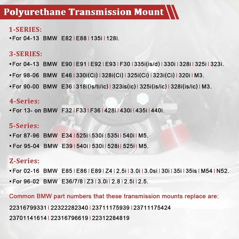 Transmission Mount OEM Replacement For BMW E34 E36 E39 E46 E82 E88 E90 E91 E92 E93 F22 F23 F30 F32 F33 F36 F80 F82 F83 Z3