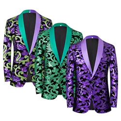 2024 New Flat Velvet Large Flower Sequin Jacquard Mens Blazer, Purple  Stage Performance Suit Dress, Host Fashion Show Jacket