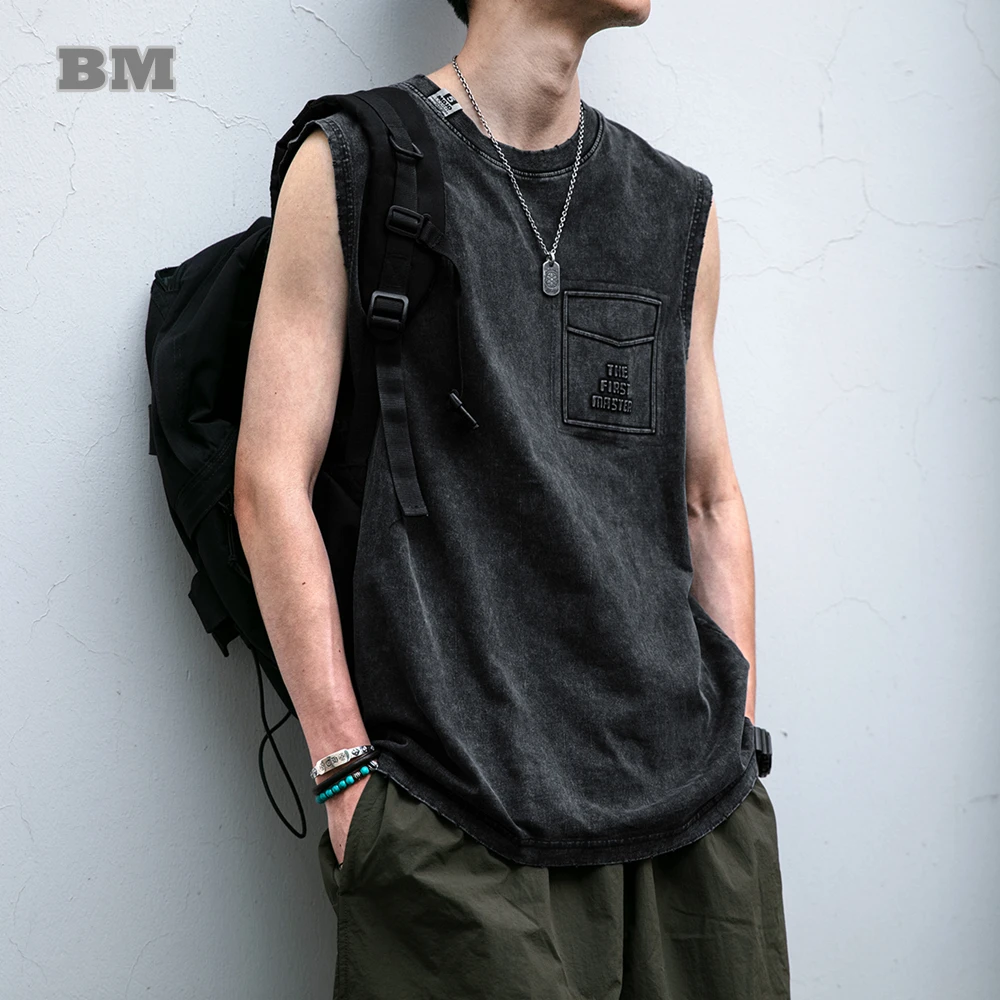 Plus Size Vintage Heavyweight Cotton Tank Top Men Snow Wash Sleeveless American Streetwear Summer Sport Trendy Muscle Tee Shirt