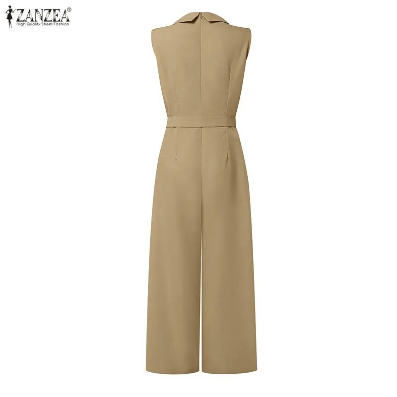ZANZEA 2026 Sommer-Romper Modische Ärmellose Damen-Jumpsuits Elegante Büro-Overalls mit Weitem Bein und Reverskragen – Detail 15