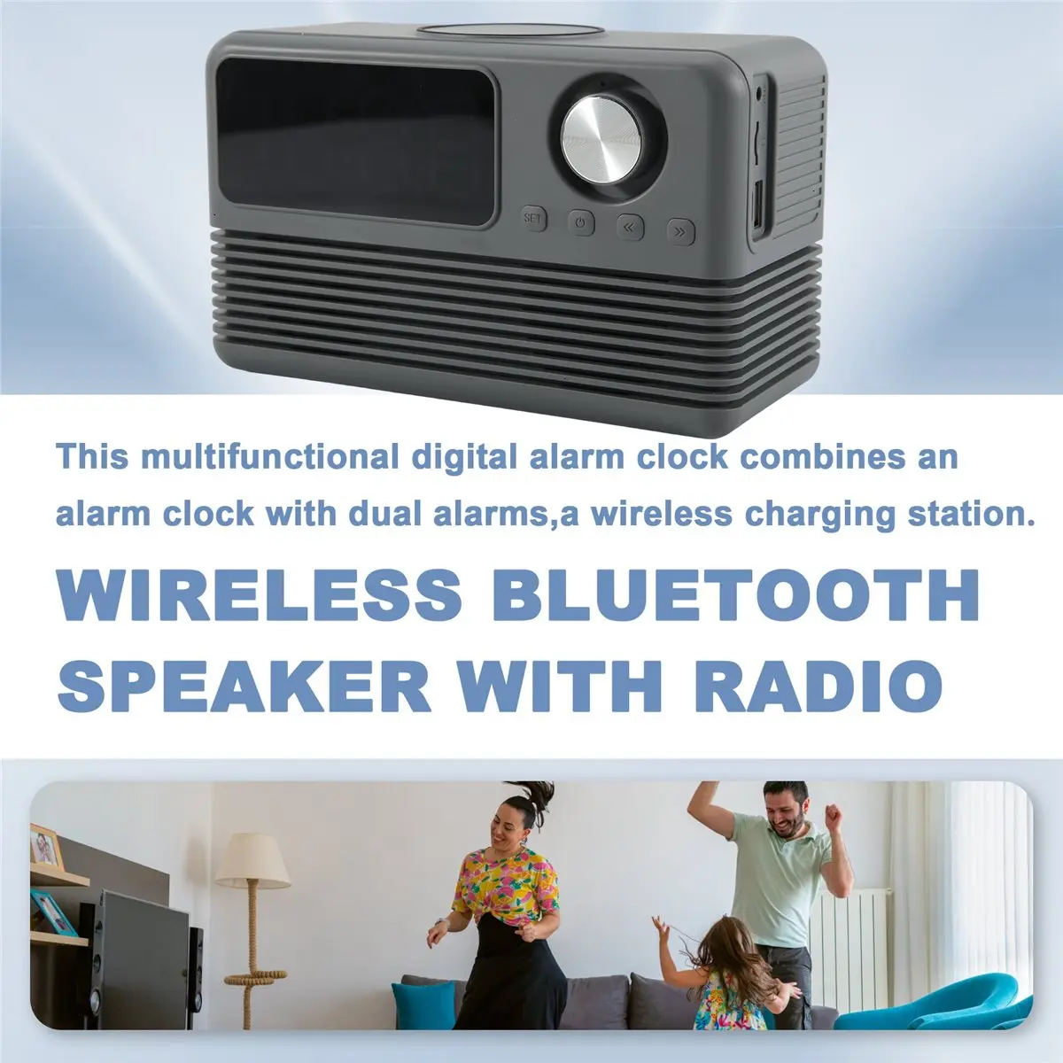 popop 15W Wireless Bluetooth Speaker with Charger and Clock Radio,4 In1 Wireless Charging Station with FM Radio for Home Gray