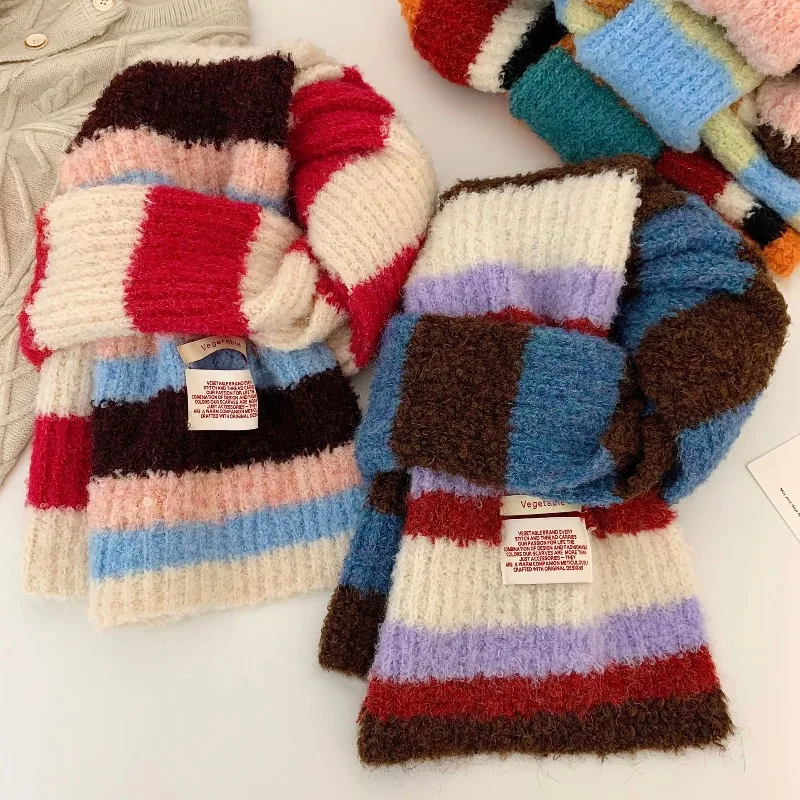 

Colorful Striped Contrast-color Knitted Scarf for Women Korean Style Thickened and Warm Versatile Shawl for Autumn and Winter