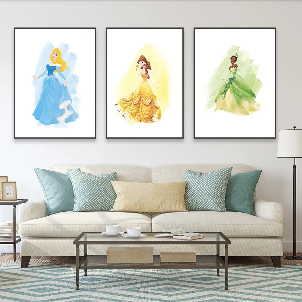 Disney Classic Princesses Poster Watercolor Tiana Moana Prints Nursery Wall Decor Movie Cartoon Beauty Beast Canvas Painting