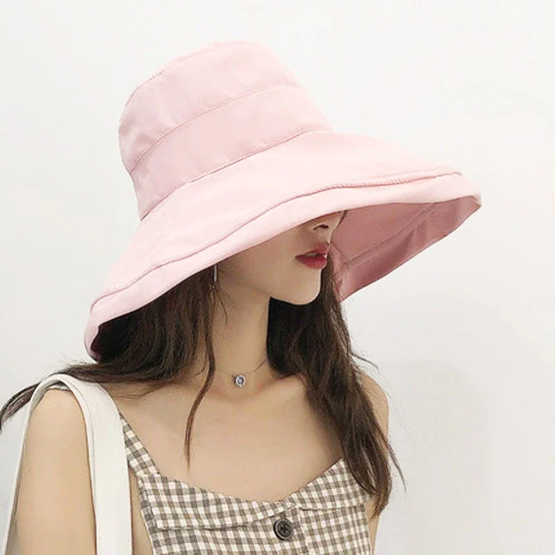 Oversized Summer New Cotton Breathable Big Brim Solid Color Fashion Bucket Hat Women Outdoor Travel Adjustable Sun Fisherman Hat