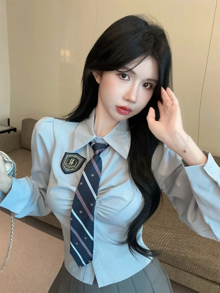 

Elegant Preppy Style Women's Shirt Tie High Waist Pleated Skirt Set Long Sleeve Collar Autumn Fashion College Look
