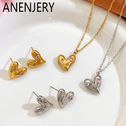 ANENJERY 316L Stainless Steel Colorful Zircon Inlaid Heart Necklace Earrings For Women Simple Temperament Jewelry Set Gifts