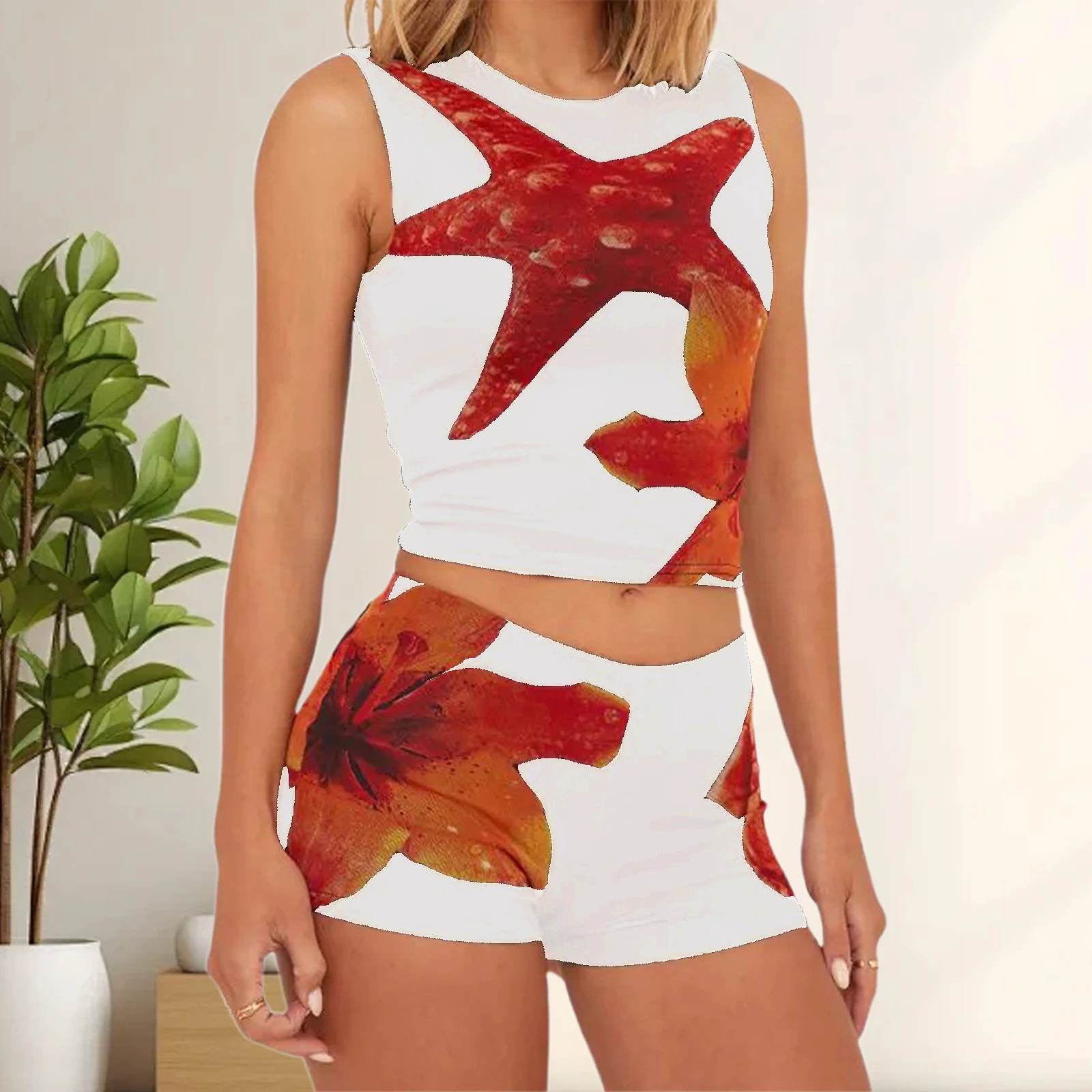 

Women's Y2K 2Piece Floral Print Loungewear Outfits Set Sleeveless Round Neck Crop Tank Tops+Elastic High Waist Shorts