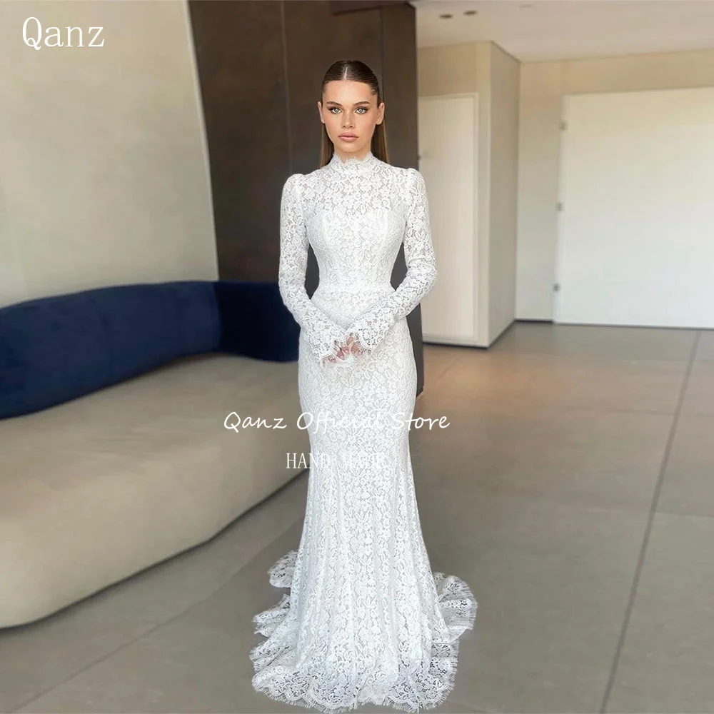 

Qanz Bohemian Full Lace Wedding Dresses Mermaid Long Sleeves High Neck Bones Elegant Vestidos De Novia Boda Boho Bridal Dress