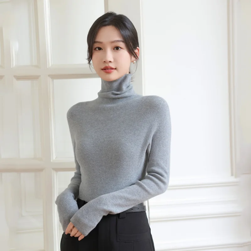 เสื้อคอเต่าผ้าวูลไร้ตะเข็บสำหรับผู้หญิง รุ่น First-Line เสื้อสเวตเตอร์ถักคอปกสำหรับฤดูใบไม้ร่วงและฤดูหนาว ช่วยให้ดูผอมเพรียว