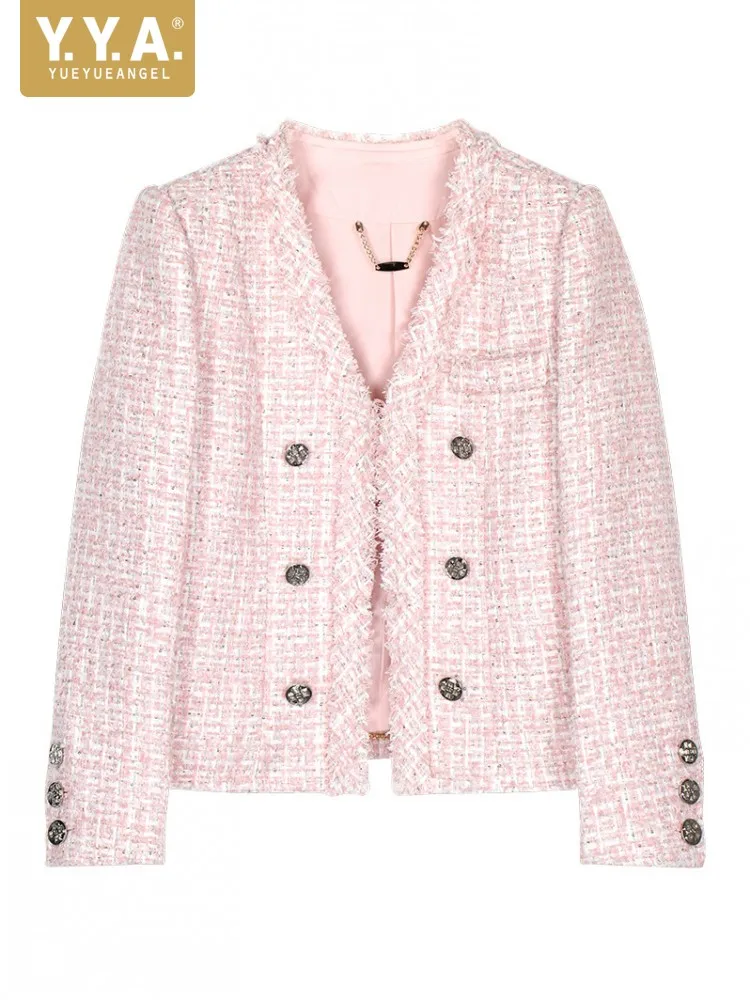 Elegant Women Autumn V Neck Diamonds Buttons Tweed Jacket Office Ladies Work Coat Cardigan Fashion Party Twill Outerwear Tops