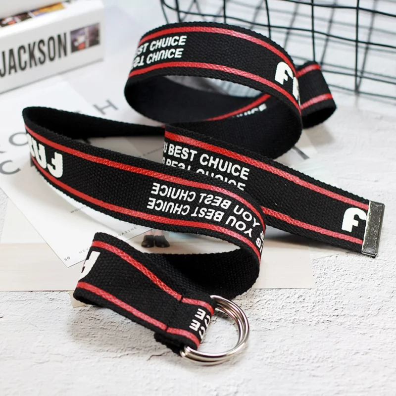 130cm Fashion Neutral Nylon Canvas Belt Printing English D Ring Double Buckle boy and girl Student white Belt