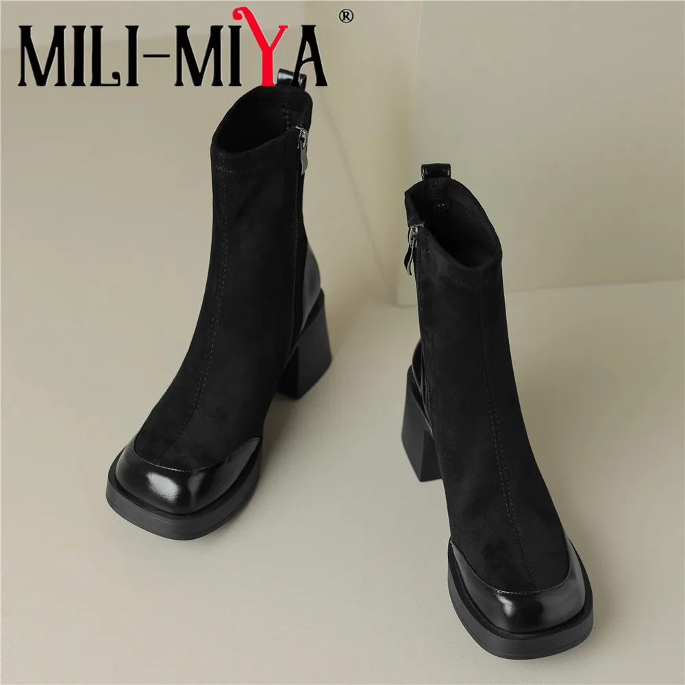 

MILI-MIYA/женские ботильоны из коровьей кожи и эластичного флока, повседневная уличная обувь на толстом каблуке с круглым носком и молнией