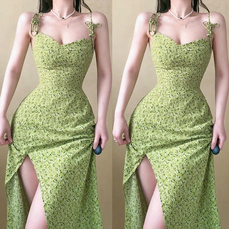 

Transformation Dress Zhang Yuxi Same French Green Fragmented Flower Lace Open Back Suspended Long Dress