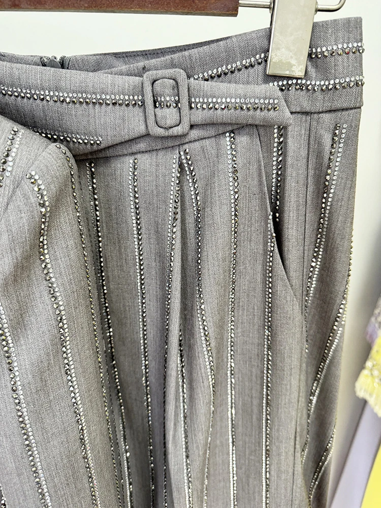 Women Pants Two Piece Sets Women Gray Rhinestone Single Button Blazer + Sparkle Striped Diamonds Pants Suits Evening Party Club