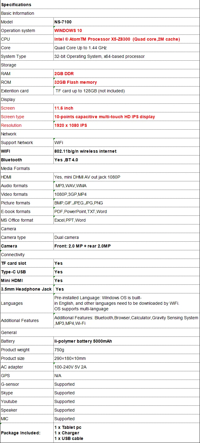 11.6 INCH NS-7100 2GB RAM 32GB ROM 64 Bit Windows 10 Tablet PC 2 In1 With Keyboard X5-Z8350 Quad-Core WIFI Dual Camera
