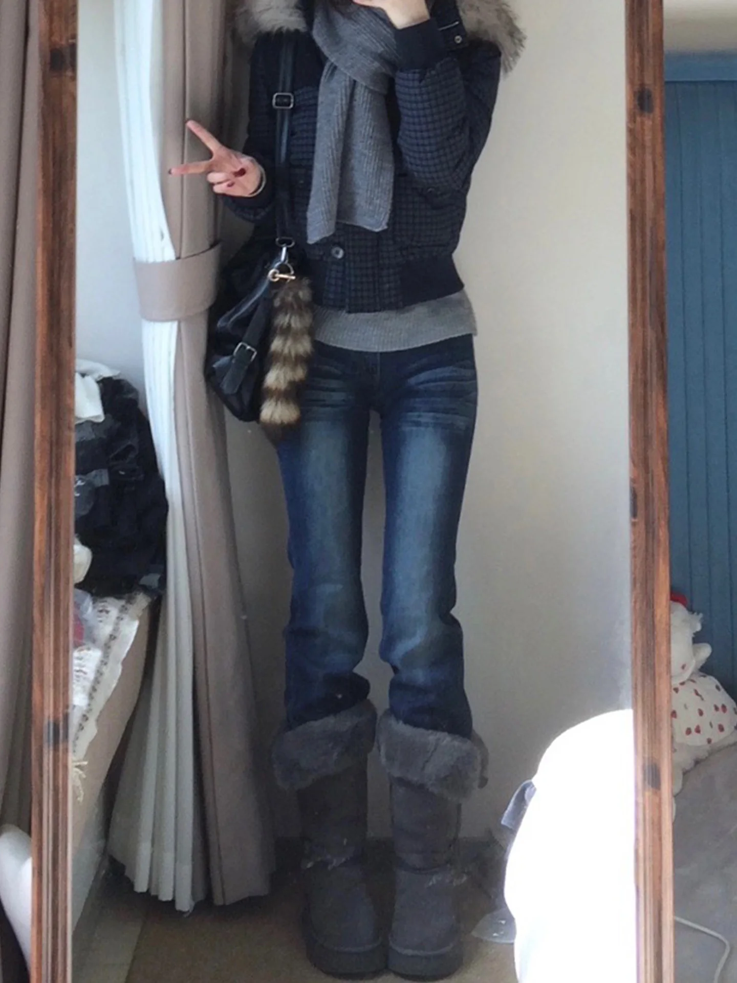 Retro americano waed fce forrado bell bot jeans feminino inverno novo sle pêra ape fino ajuste vintage azul jeans