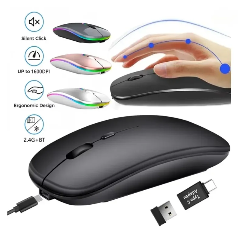 Mouse sem fio 2.4ghz, bluetooth, recarregável, silencioso, ergonômico, para jogos, com luz de fundo usb, 1600dpi, para pc e laptops
