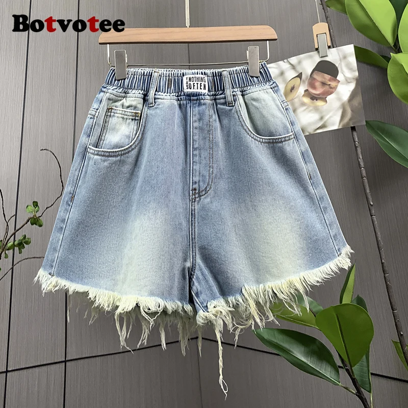 

Botvotee винтажные летние джинсовые шорты с кисточками, джинсы для женщин, широкие брюки с высокой талией, M-3XL, синие шорты Y2k, модные уличные джинсы