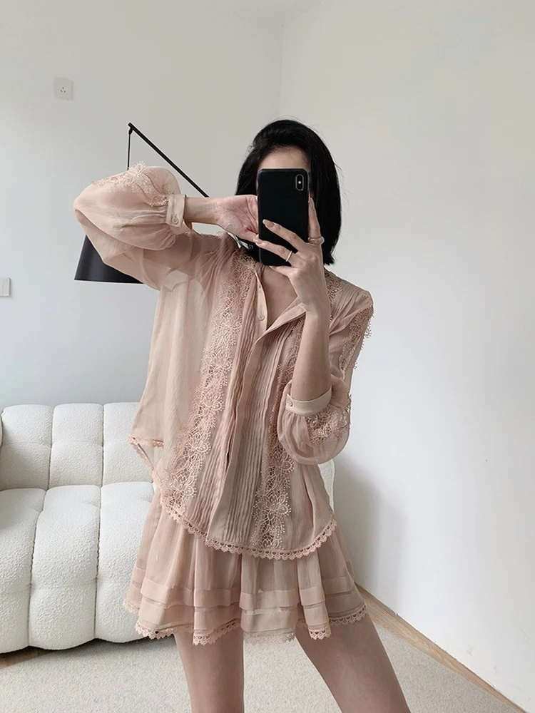 

Summer Lace Hollow out Top And ort Skirt Set Vaion Sensation f Maturi Sweet Heart Small Size Perforated Ensemble