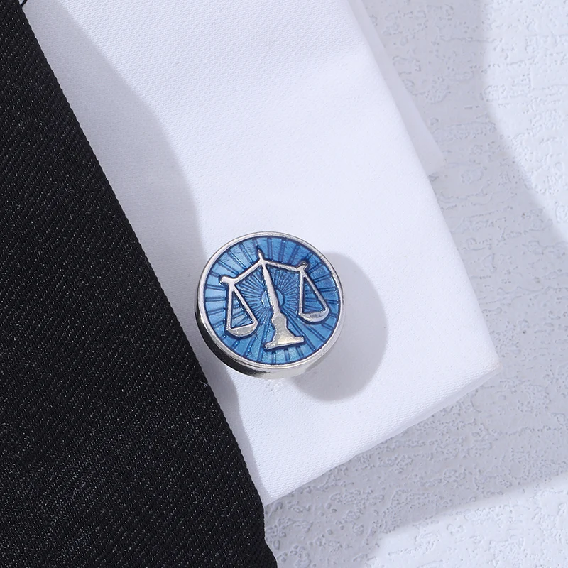 Libra Sleeve Button Law Lawyer Attorney Judge Gavel Scales of Justice Cufflink Round Blue Enamel Balance Court Logo Cuff Links