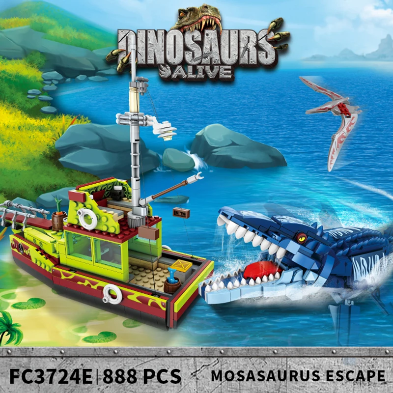 Ideas Cretive Dinosaur Ship Building Block MOC Escape Mosasaurus Ocean Exploration Model Bricks Assembly Toys Gift For Childrens