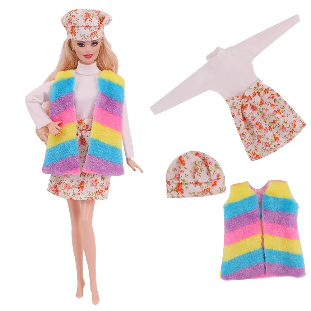 Ropa de muñeca Barbies, abrigo de felpa, vestido y sombrero, Conjunto de camiseta adecuado para muñeca de 30cm, traje de moda, ropa informal, gafas Gratis, Regalo