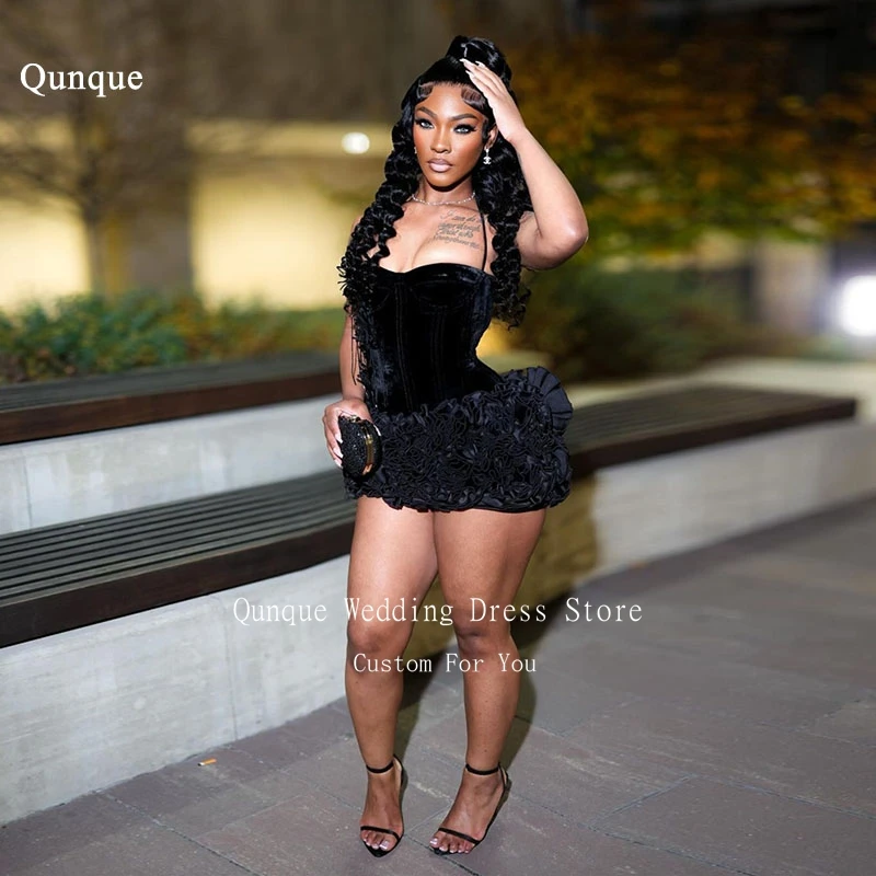Qjall Black Girl Prom Dresses Luxury Velvet Mini Birthday Dress Women Ruffles Tiered Vestidos Para Mujer De Noche Customized