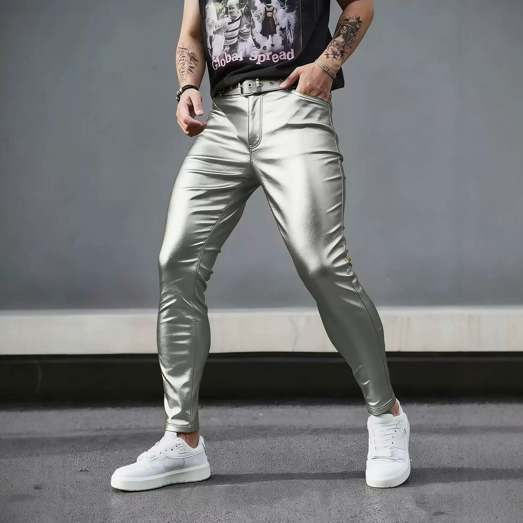 PU Leather Pants Man Streetwear Steampunk Rock Style Night Club Dance Glossy Faux Leather Slim Fit Skinny Motorcycle Trousers