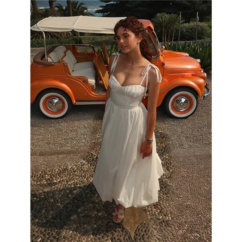 Aoao-coral midi vestido de luxo cetim feminino vestidos de verão sem mangas cinta espaguete espartilho baile branco m